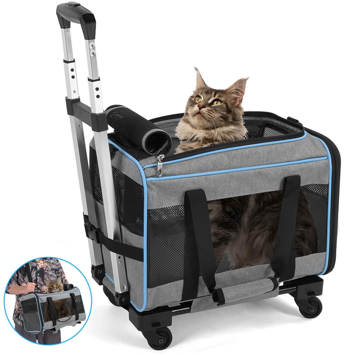 WFUN BLACK&BLUE Cat Dog Carrier with Upgraded Wheel for Small Dogs and Cats-blue