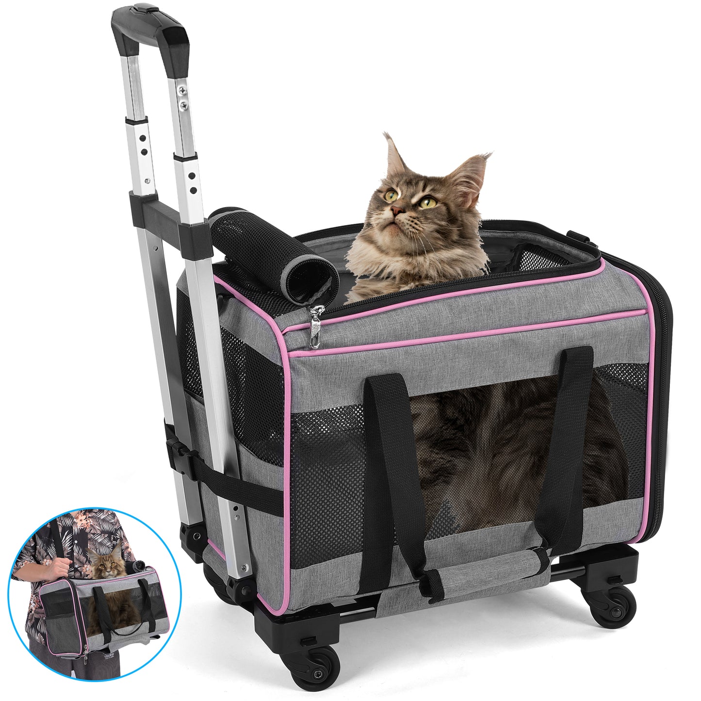 WFUN BLACK&PINK Cat Dog Carrier with Upgraded Wheel for Small Dogs and Cats-pink
