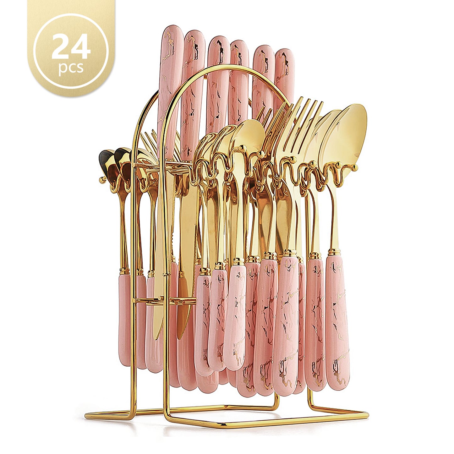 Cocosity 24 Piece Stainless Steel Flatware Set for 6, Mirror Polished Fork and Spoon Set with Ceramic Handled