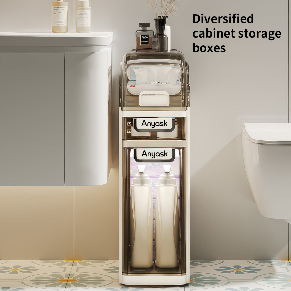 3-Tiers Bathroom Floor Storage Cabinet, Waterproof Drawers Organizer with Tissue Box and Wheels