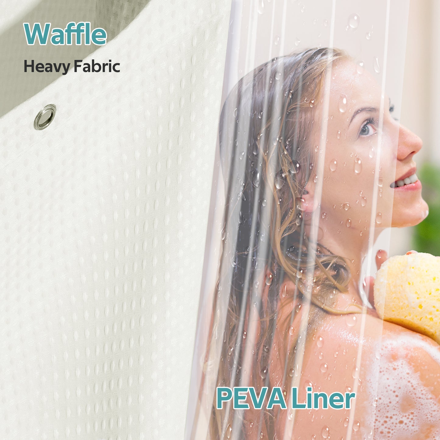 Cocosity Waffle Textured Heavy Duty Shower Curtains with PEVA Clear Shower Liner & Hooks - Beige 84"x72"