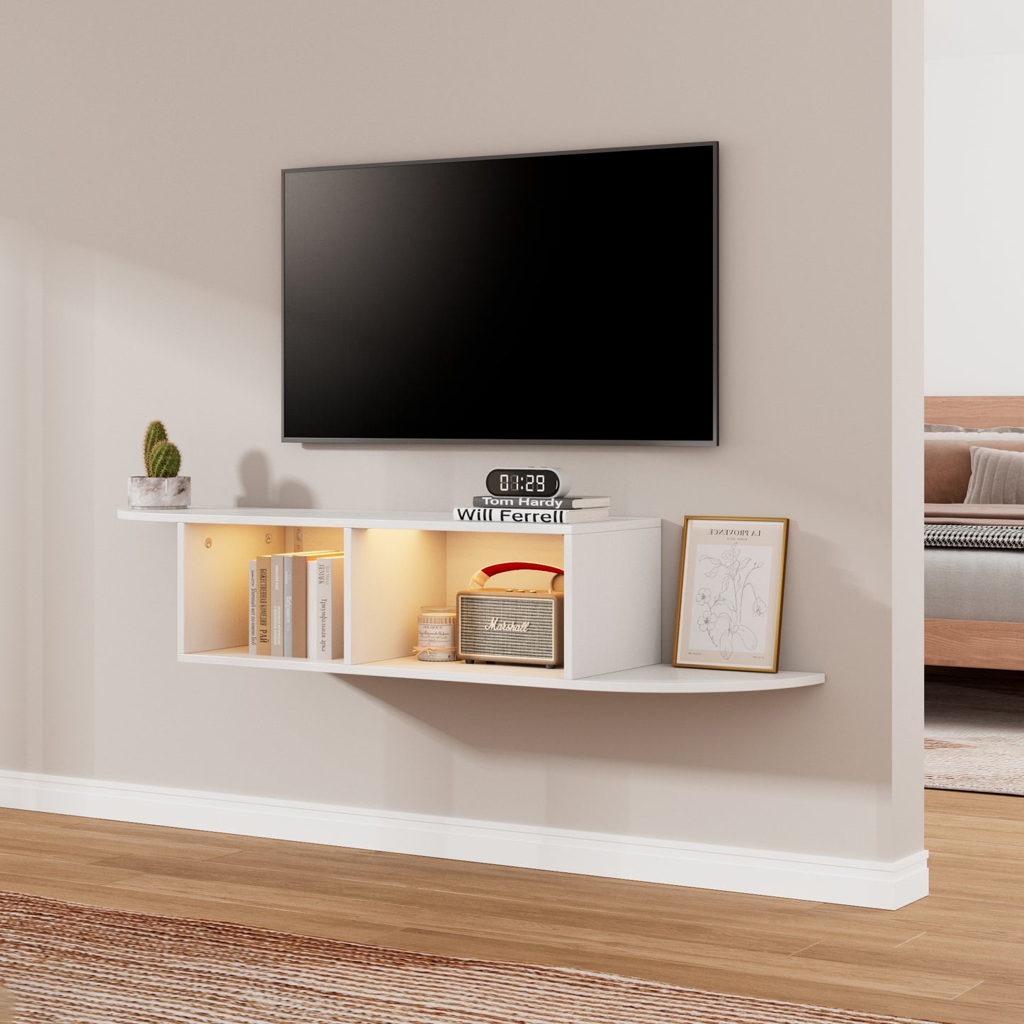 TV stand, Floating TV Stand for Televisions up to 80'', TV stand with RGB light strip and socket, Modern Entertainment Center, Wall-mounted TV stand with open storages,Living room TV stand,White