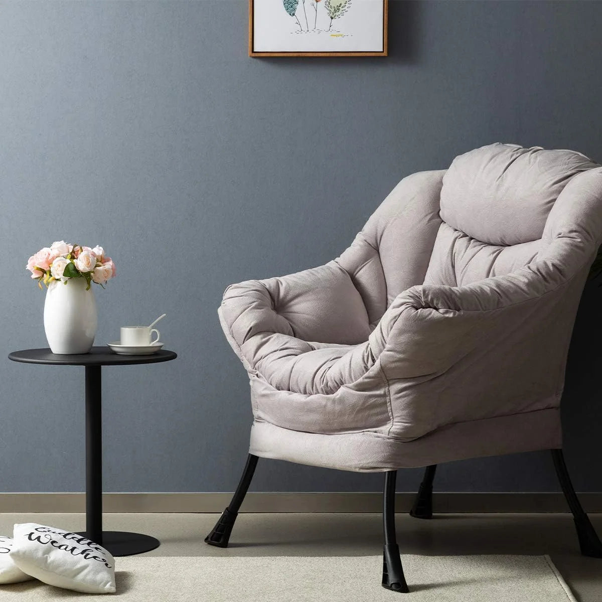 Modern Nano technology cloth Lazy Chair - Soft Accent Contemporary Lounge Chair - Single Steel Frame Sofa Chair with Armrests, Thick Padded Back for Living Room, Bedroom, Office (Gray)