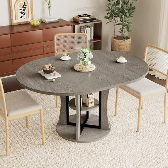 52" Round Drop Leaf Gray Dining Table with Storage for 4