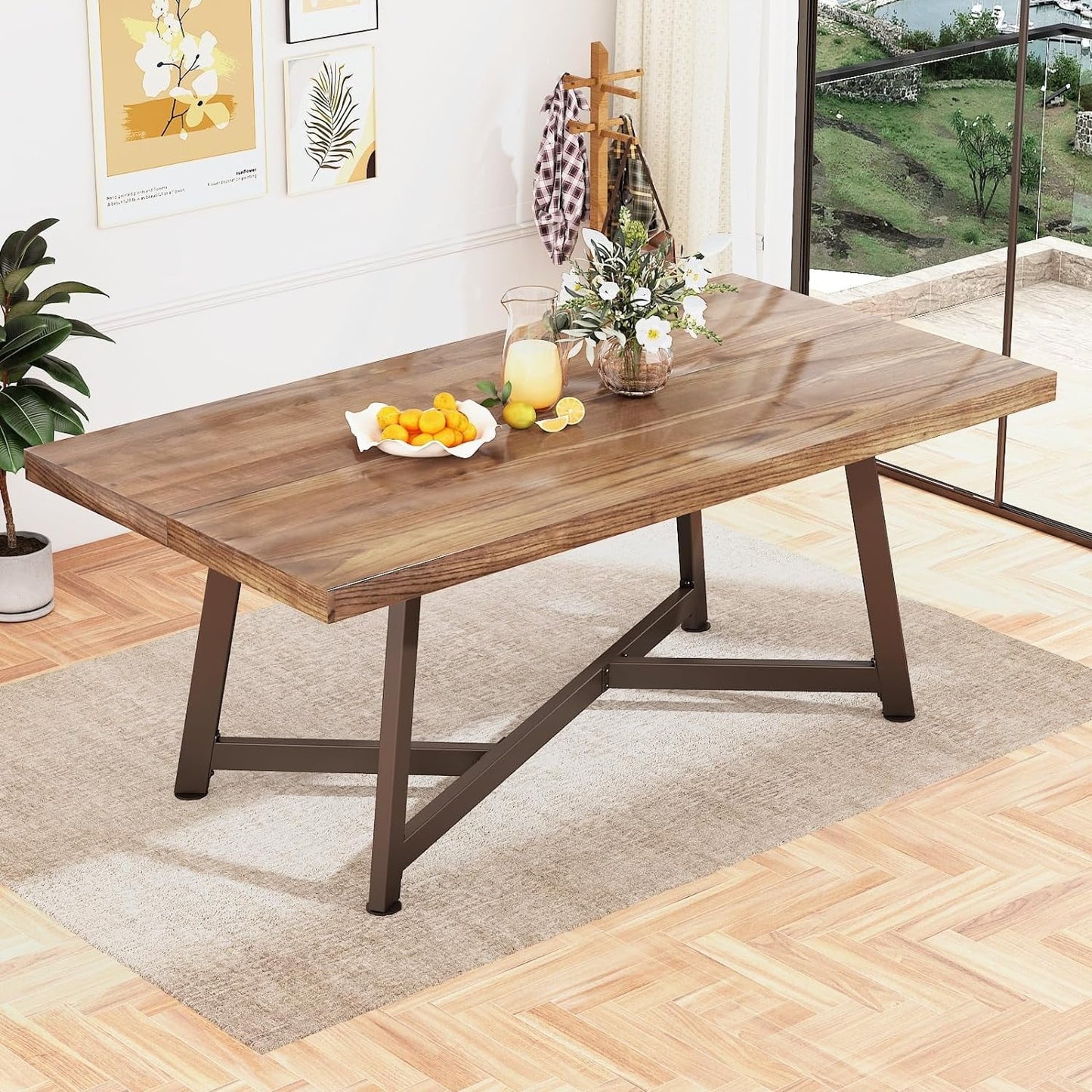Rustic Brown Wood Extendable Dining Table for up to 8 People, Adjustable Length 47"-63"