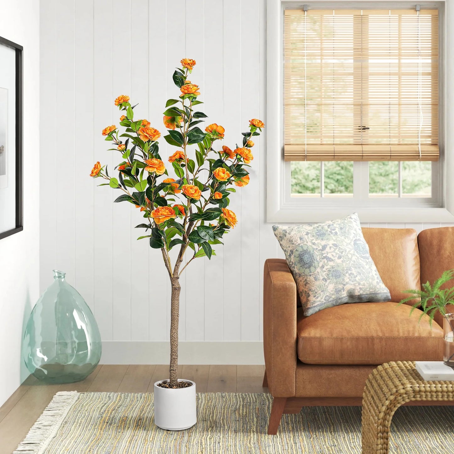 2 Pack 5 Feet Artificial Plant Fake Camellia Flower for Home Office Wedding Valenine Decor, Yellow