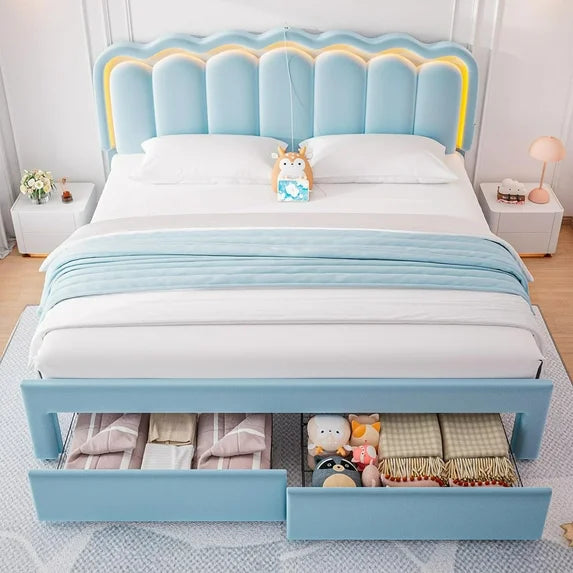 Soft Velvet Upholstered Platform King Size LED Bed Frame with Drawer Adjustable Lighted Headboard for Girls Kid's Bedroom, Blue