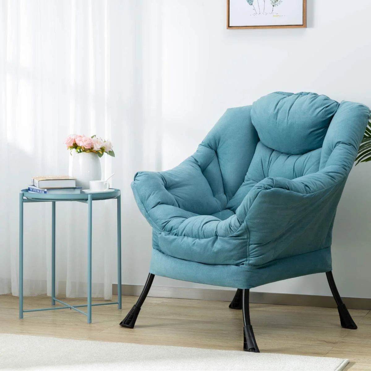 Modern Nano technology cloth Lazy Chair - Soft Accent Contemporary Lounge Chair - Single Steel Frame Sofa Chair with Armrests, Thick Padded Back for Living Room, Bedroom, Office (Blue)