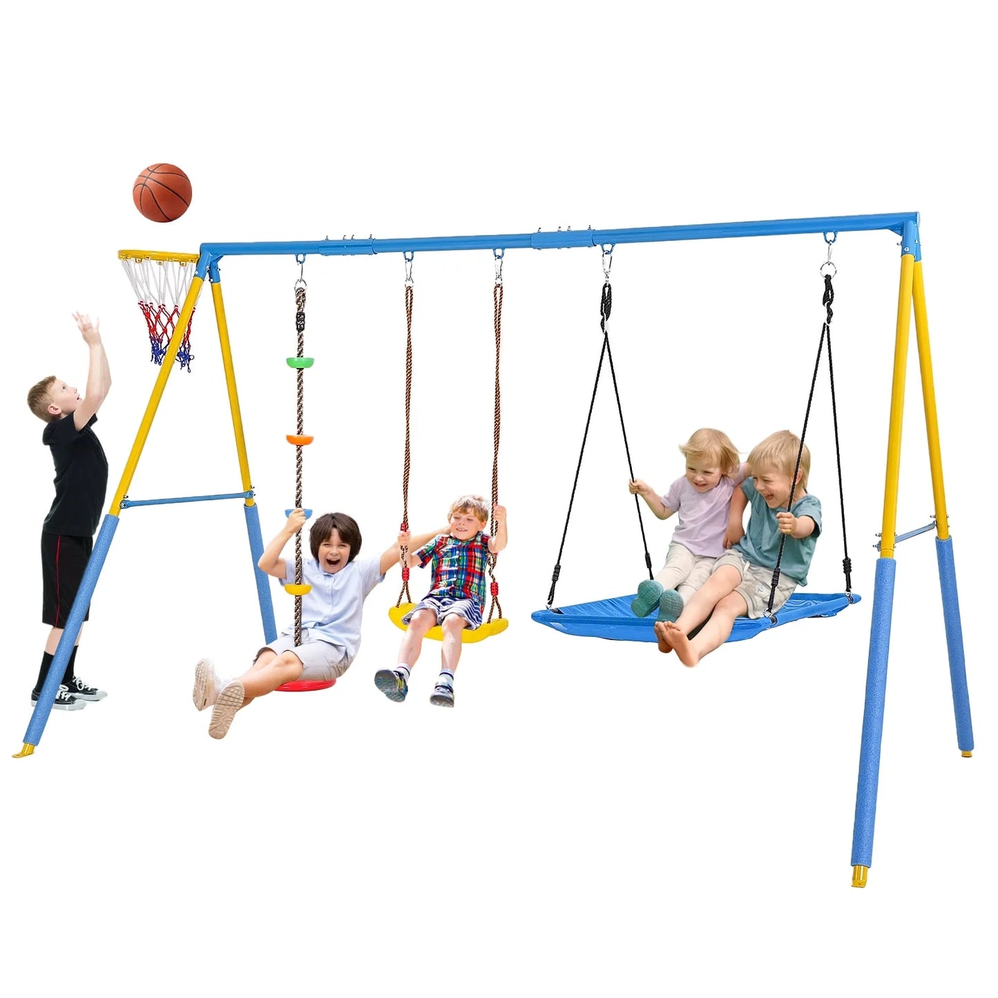 Heavy Duty Outdoor Playground Playset for Kids Aged 3-12 with 2 Swings Trapeze Bar & Basketball Hoop, Blue & Yellow