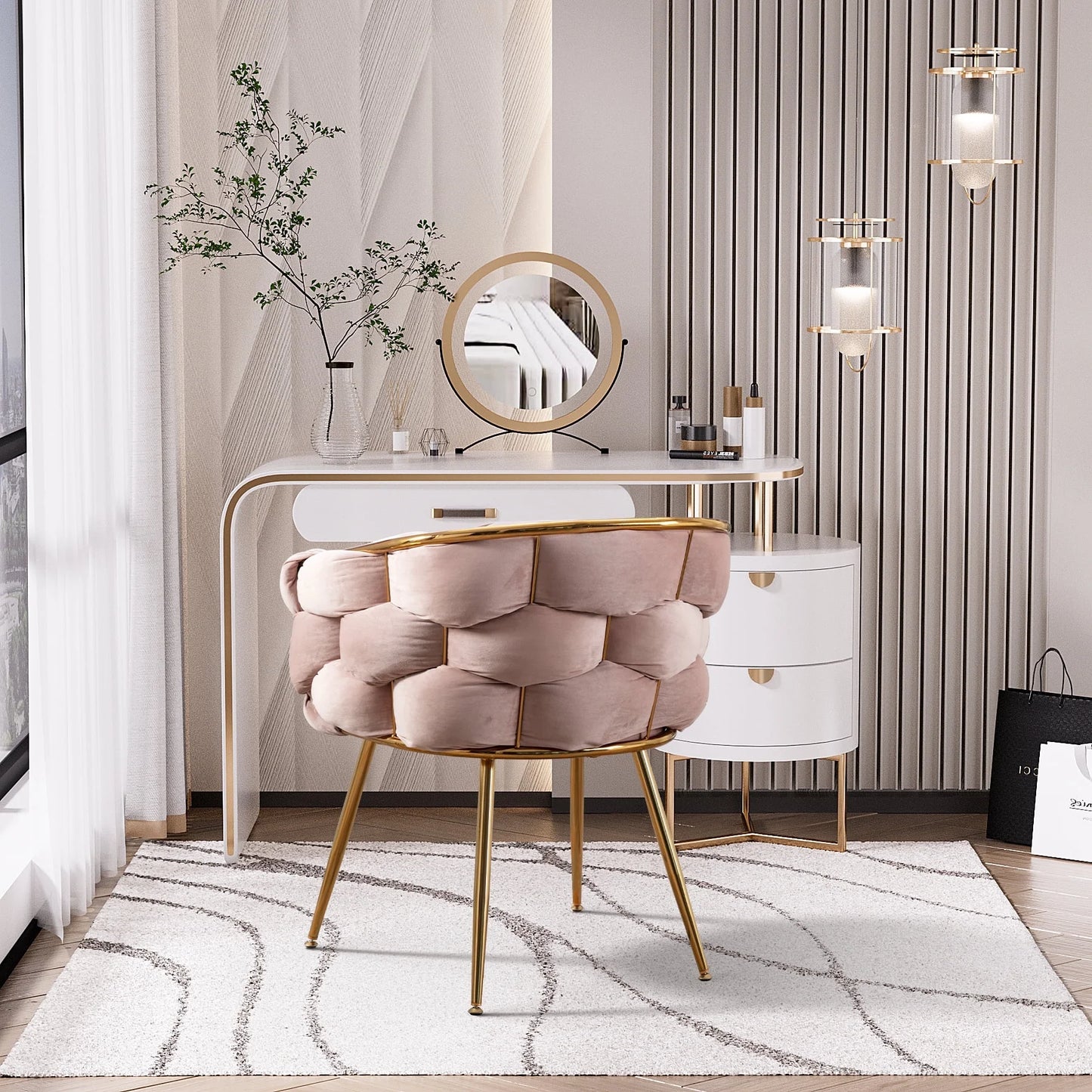 Modern Accent Chair with Golden Metal Legs Comfy Velvet Upholstered Armchair Leisure Single Sofa Chair for Living Room Makeup Room Reading Room,Pink