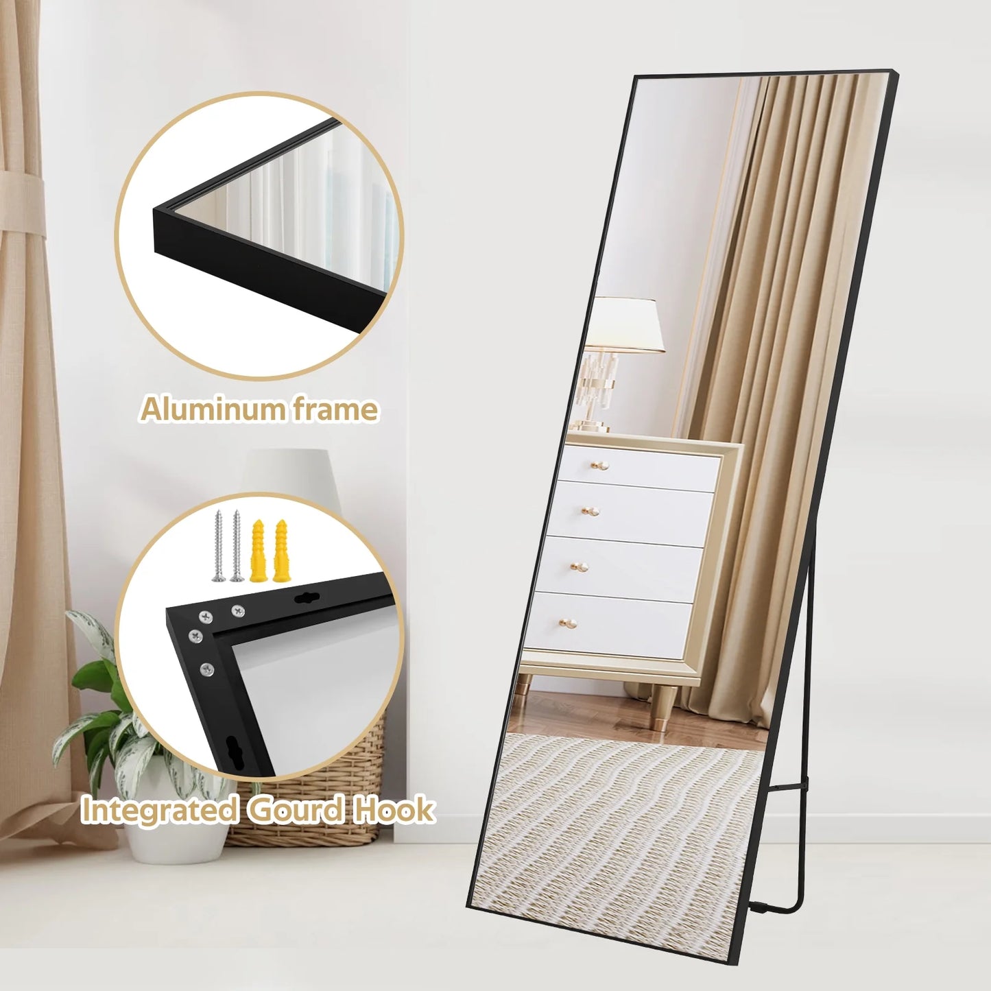 Rectangular Full Length Mirror for Bedroom, Living Room, Bathroom, Black 1.5cm