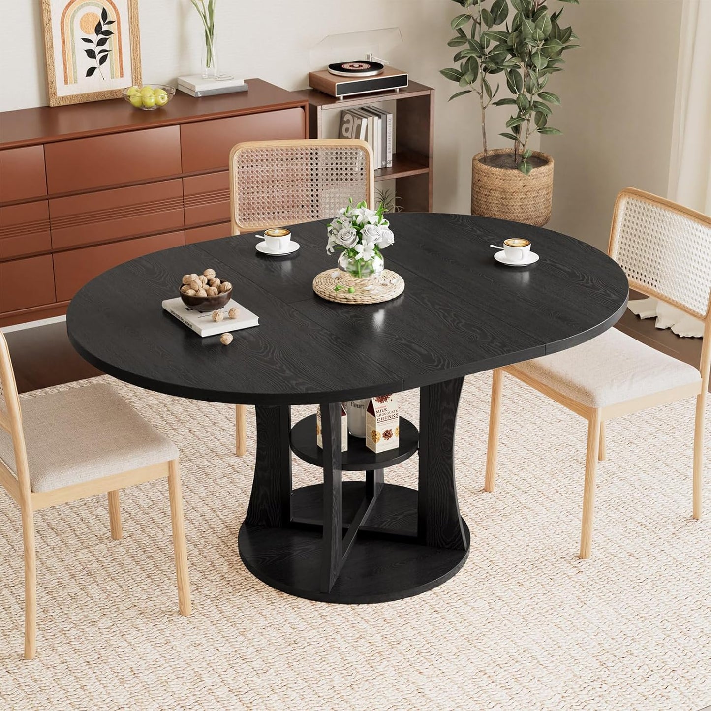 47" Space Saving Mobile Folding Dining Table with Storage for 4 for Dining Room Kitchen, Black