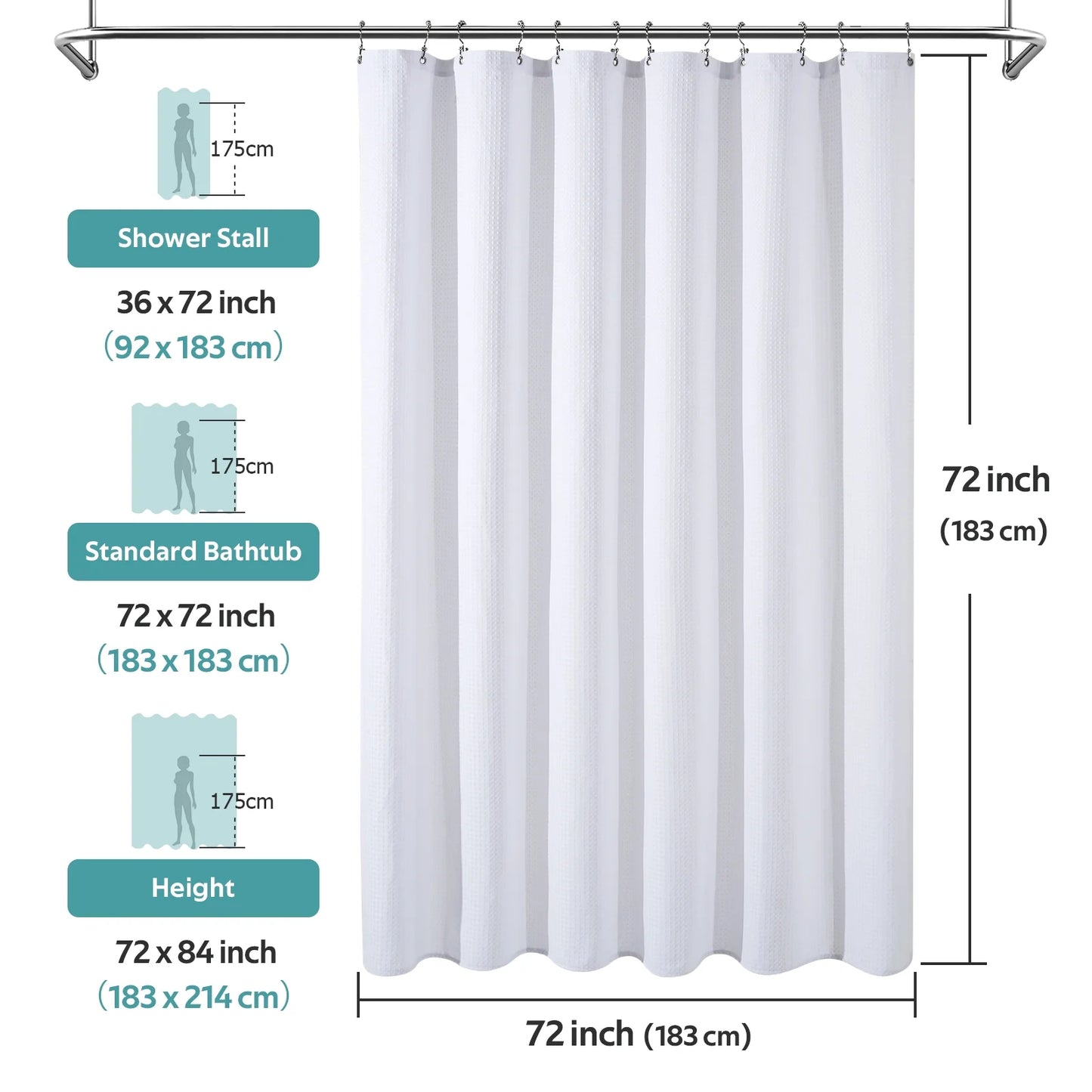 Cocosity Waffle Textured Heavy Duty Shower Curtains with PEVA Clear Shower Liner & Hooks - White 84"x72"
