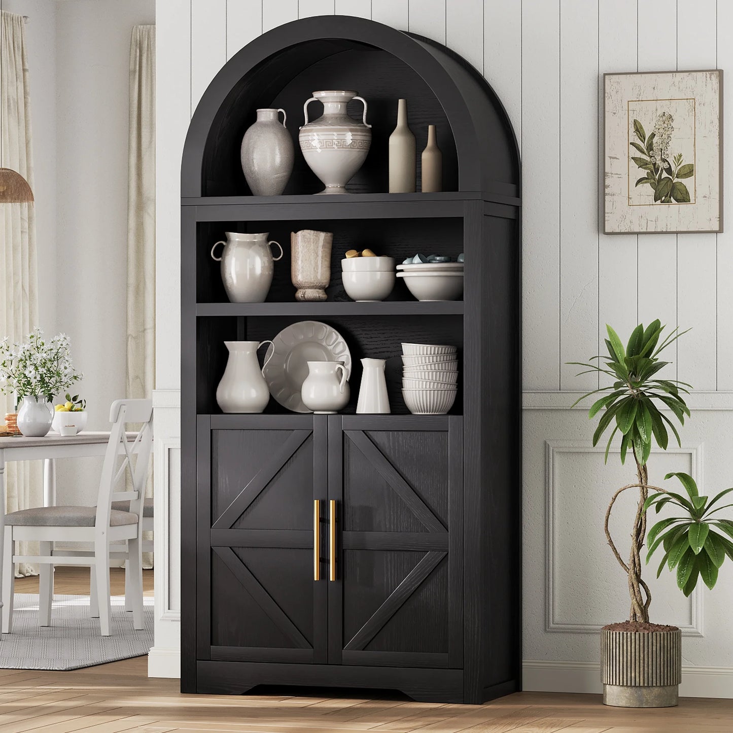 55.1" Arched 5-Shelf Farmhouse Cabinet Bookcase with Two Doors for Office Home Classroom, Black