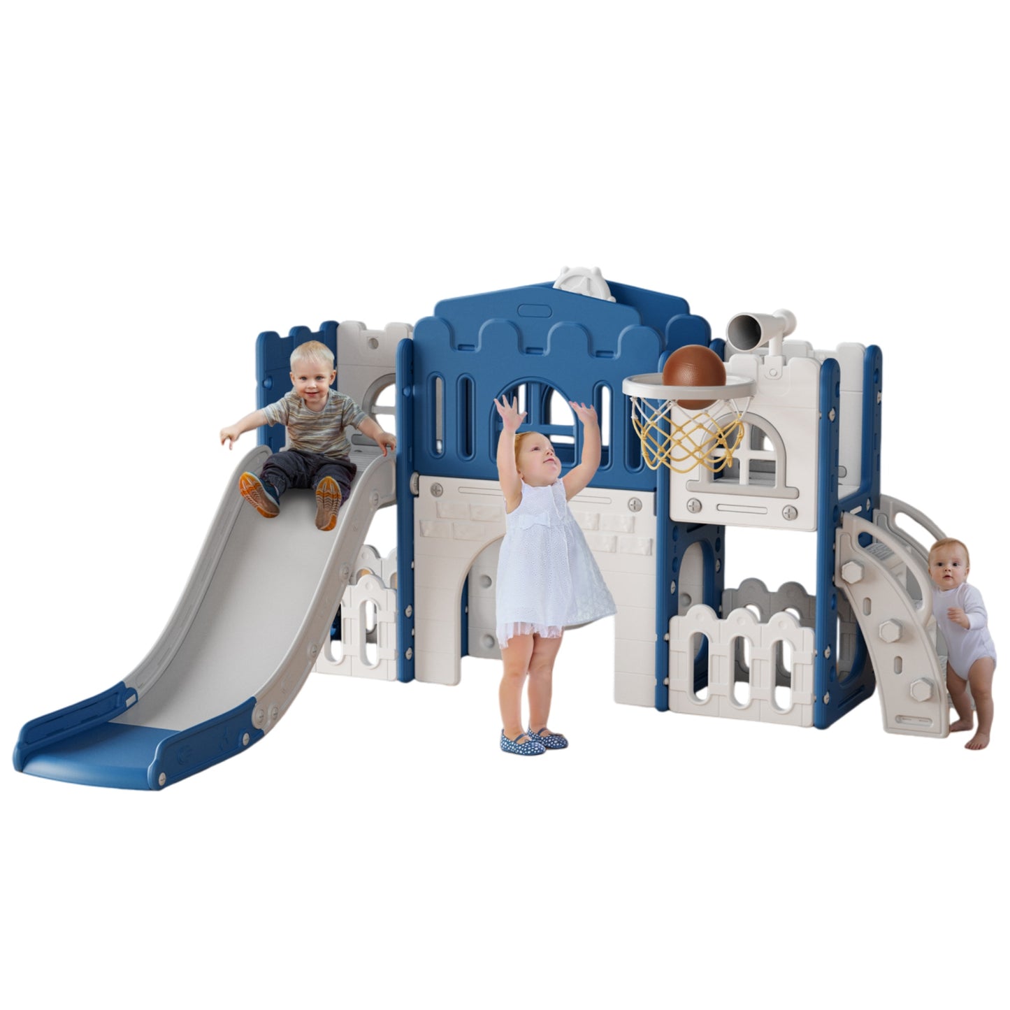 WFUN 9 in 1 Blue Indoor Kids Playset with Playhouses for Girls Boys Age 1-3, Blue