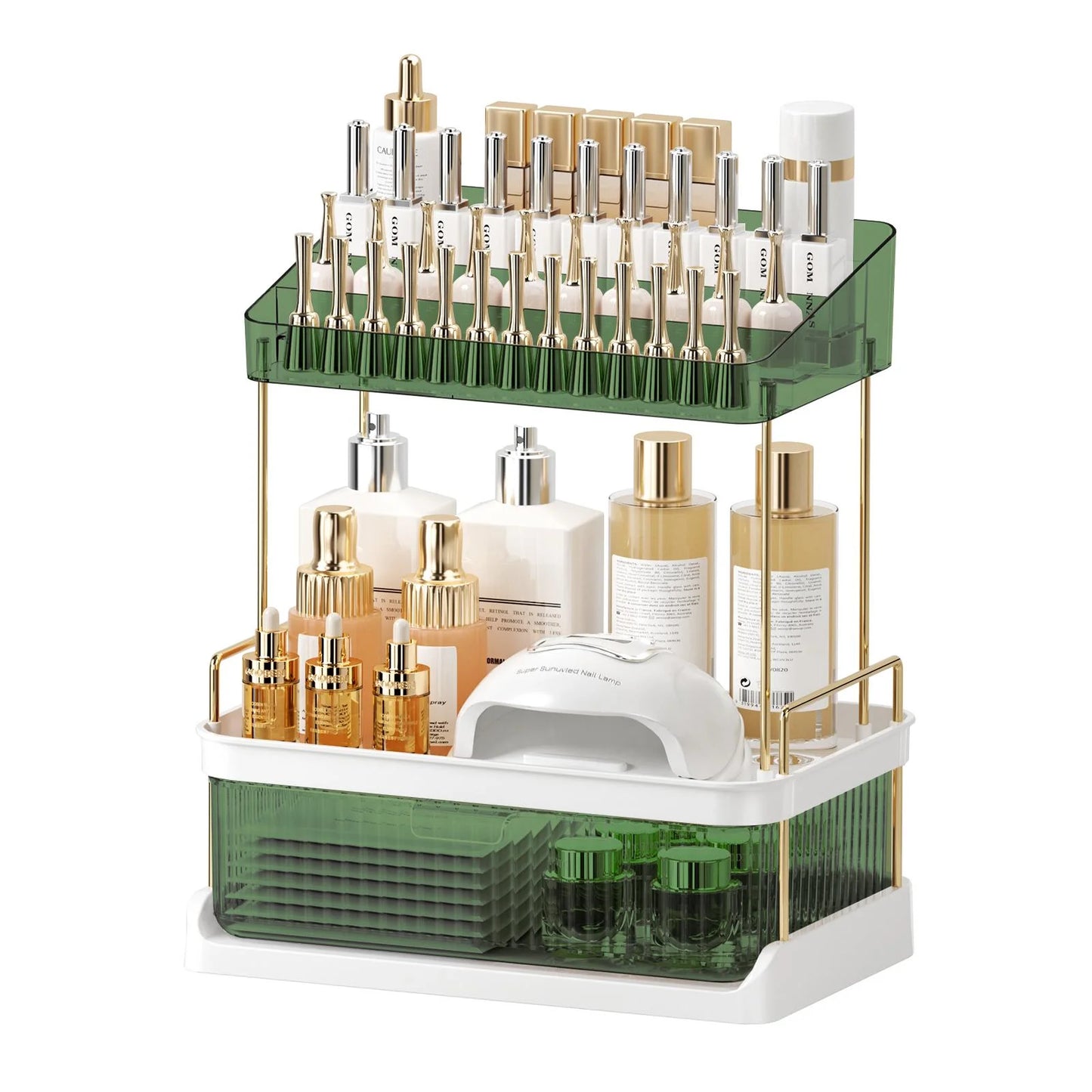 Large Capacity Makeup Organizer with Drawer for Vanity Storage, Cosmetics, Perfume, Toiletry, Green