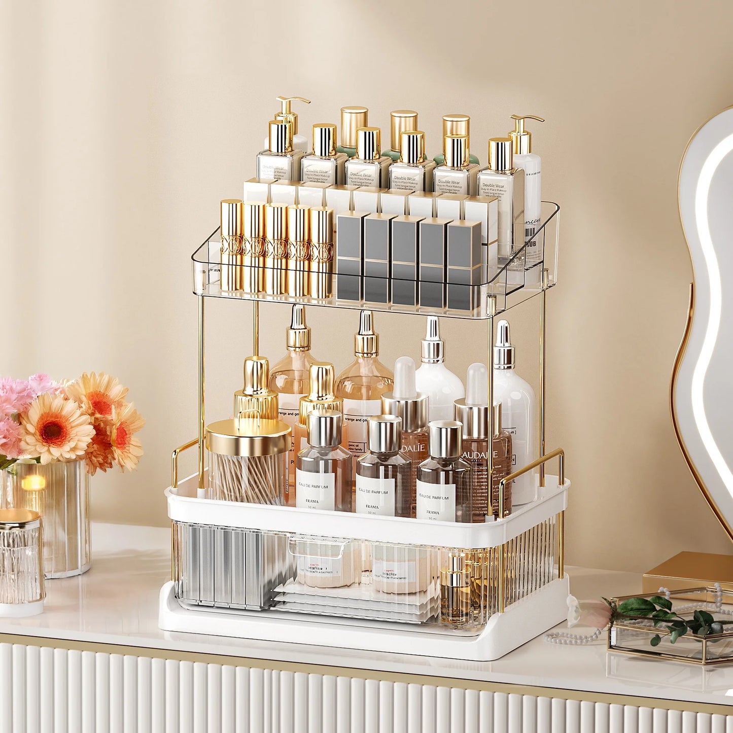 Large Capacity Transparent Makeup Organizer with Drawer for Vanity Storage, Cosmetics, Perfume, Toiletry