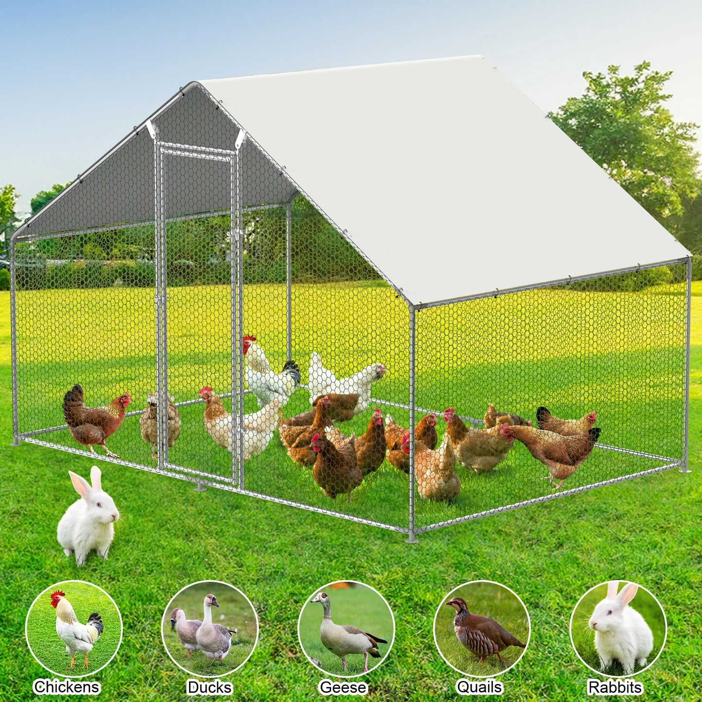 Outdoor Large Metal Walk in Chicken Coop with Waterproof Cover, Run Pen for Backyard/Farm