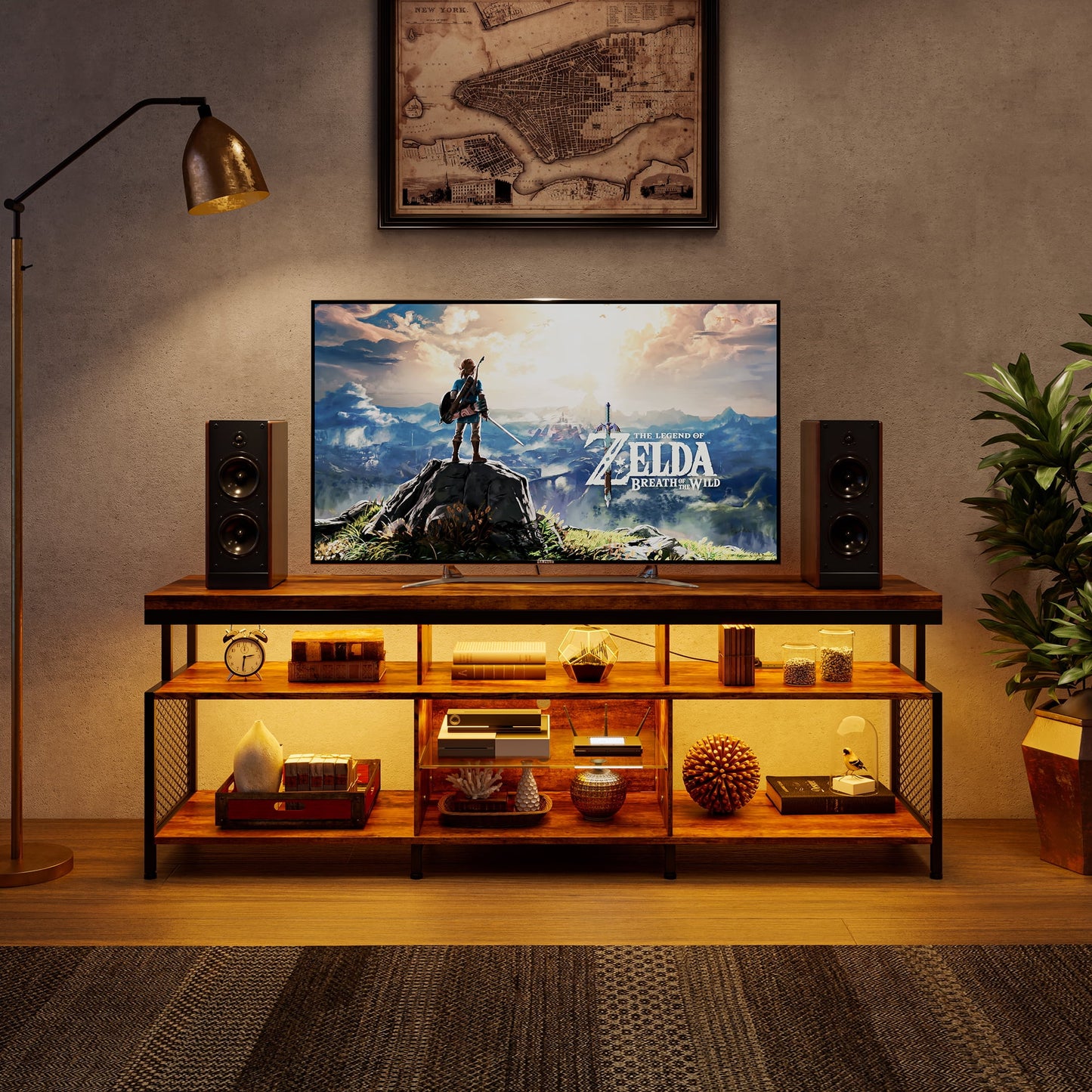 3-Tier LED TV Stand with Power Outlets, Suitable for TVs up to 70 Inches, Industrial Media Console Table, Vintage Brown