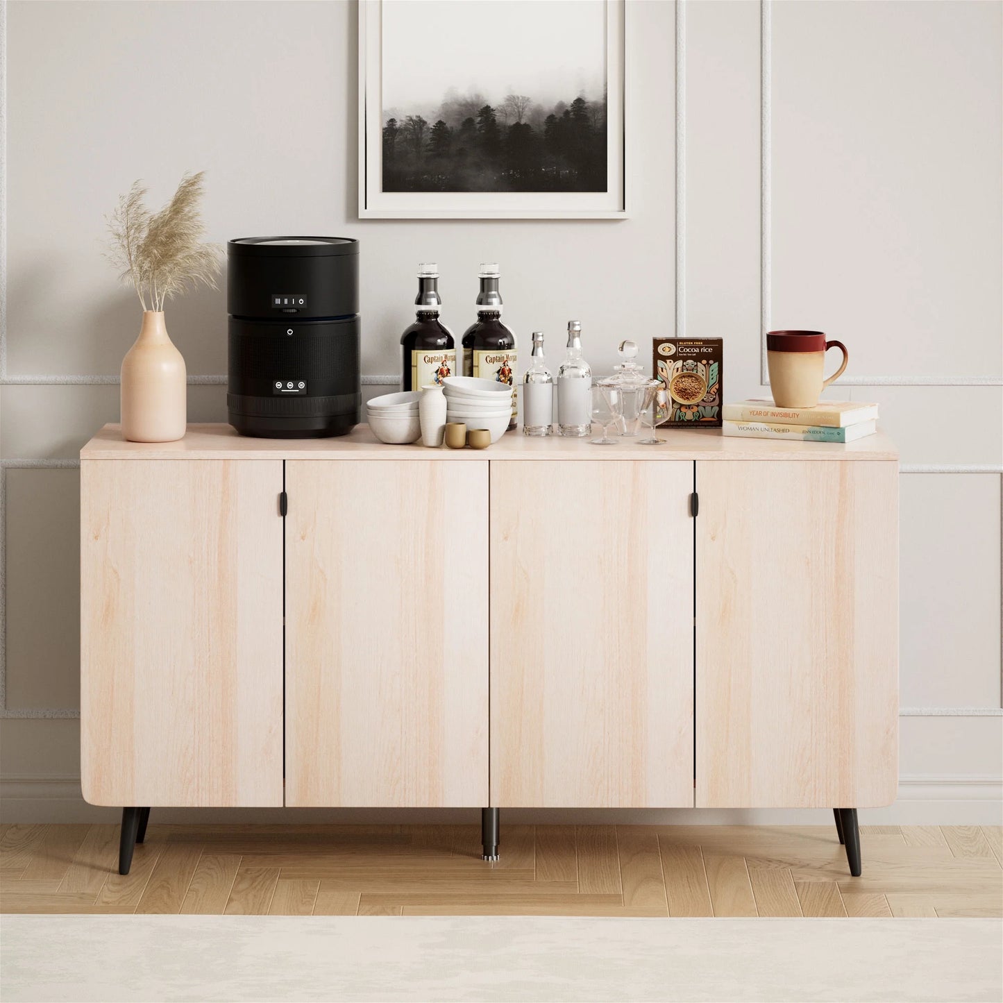 30-inch dining cabinet with four doors, Modern coffee bar cabinet, TV cabinet, Entry cabinet, Natural wood color