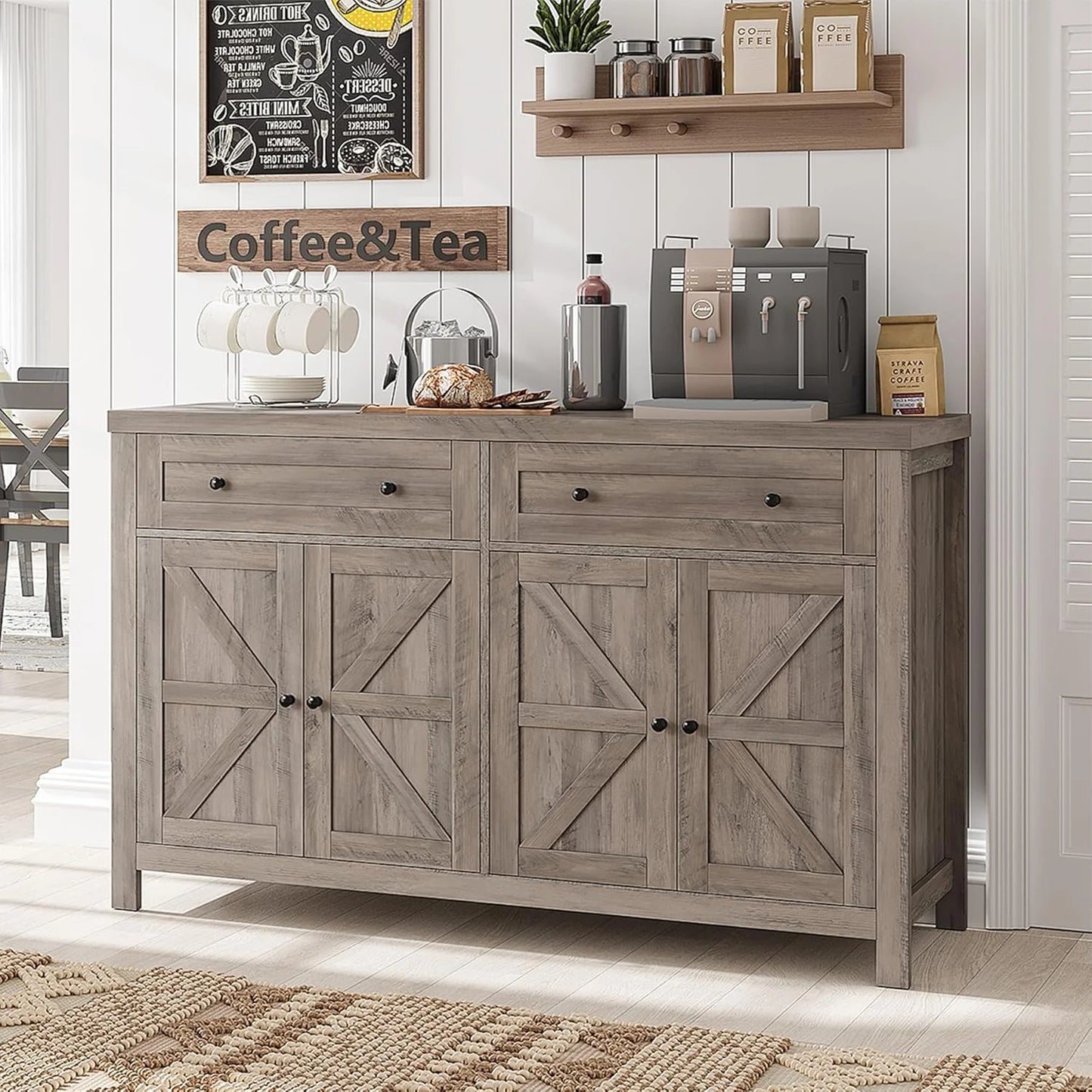 4-Doors 3-Drawers Farmhouse Kitchen Sideboard Buffet Cabinet with Storage for Kitchen, Dining Room, Gray
