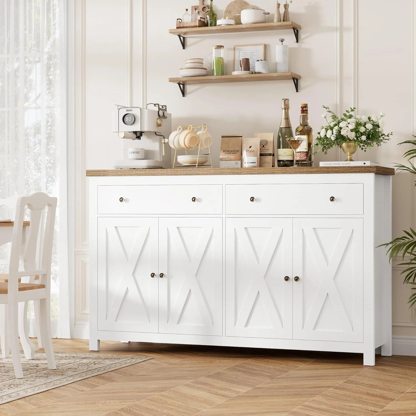 4-Doors 3-Drawers Farmhouse Kitchen Sideboard Buffet Cabinet with Storage for Kitchen, Dining Room, White