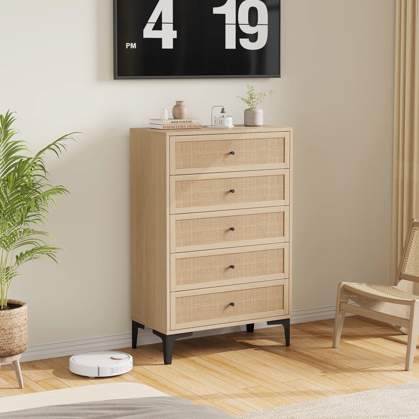 5-Drawer Natural Rattan Dresser with Sturdy Steel Legs Storage Cabinet, Suitable for Living Rooms, Hallways, and Bedrooms, in Wood Tone