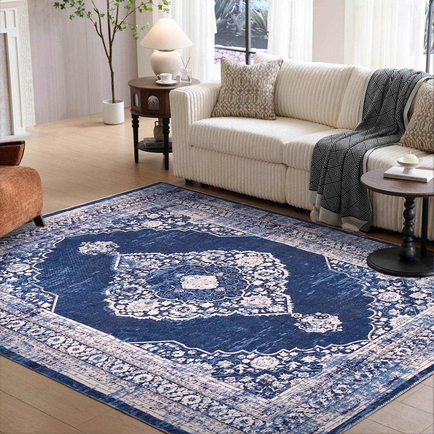 6'x9' Polyester Beige Area Rugs,Vintage Non-Slip Washable Floral Area Rugs for Living Room Bedroom Dinning Room