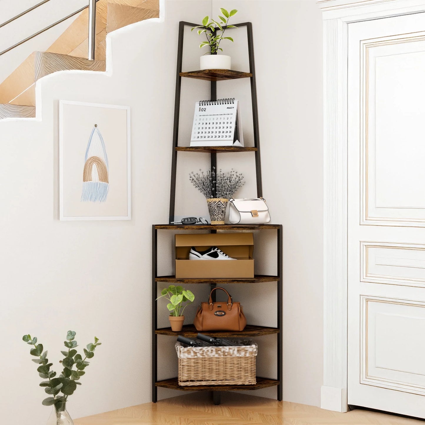 68.5" Farmhouse Tall Corner Cabinet with 6 Tier Storage Shelves for Kitchen Living Room, Antique Brown