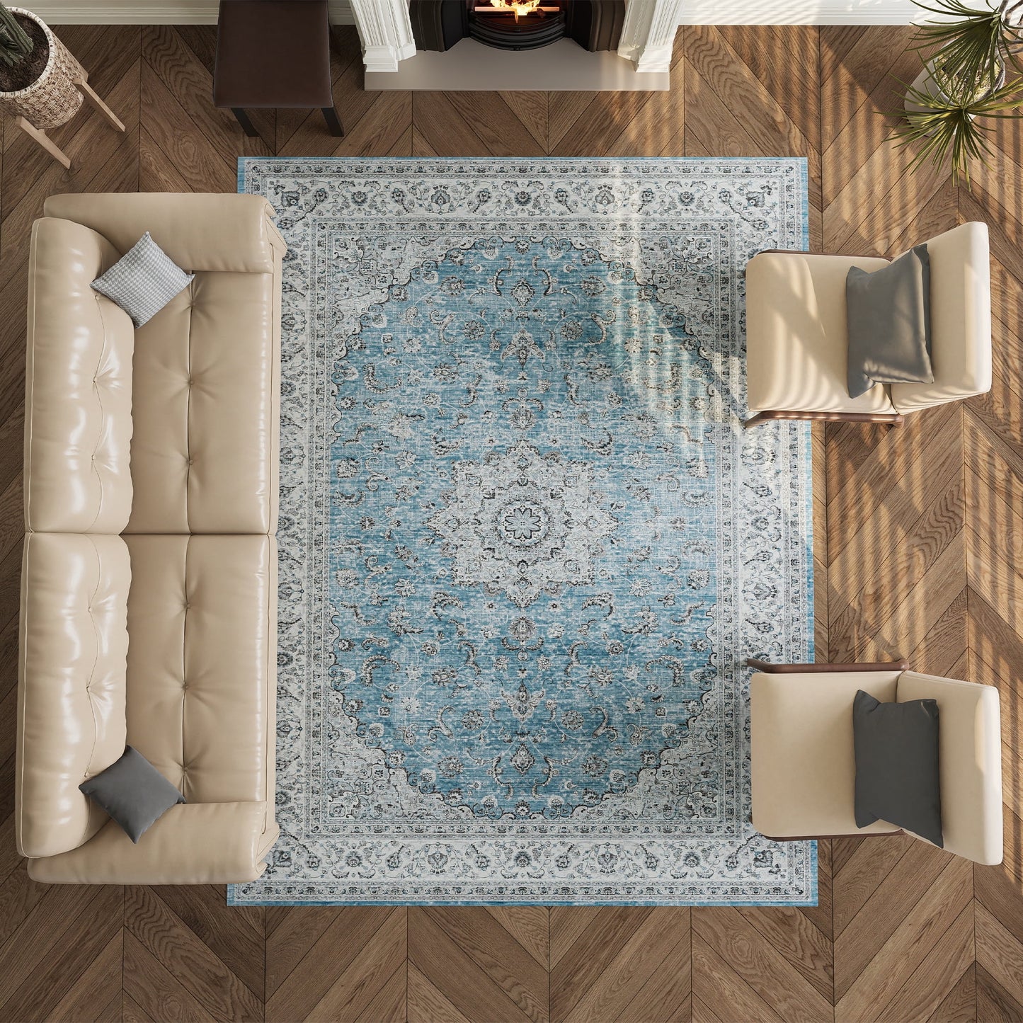 8'x10' Washable Area Rug Low-Pile Soft Rug for Living Room Home Decor Traditional Carpet, Blue
