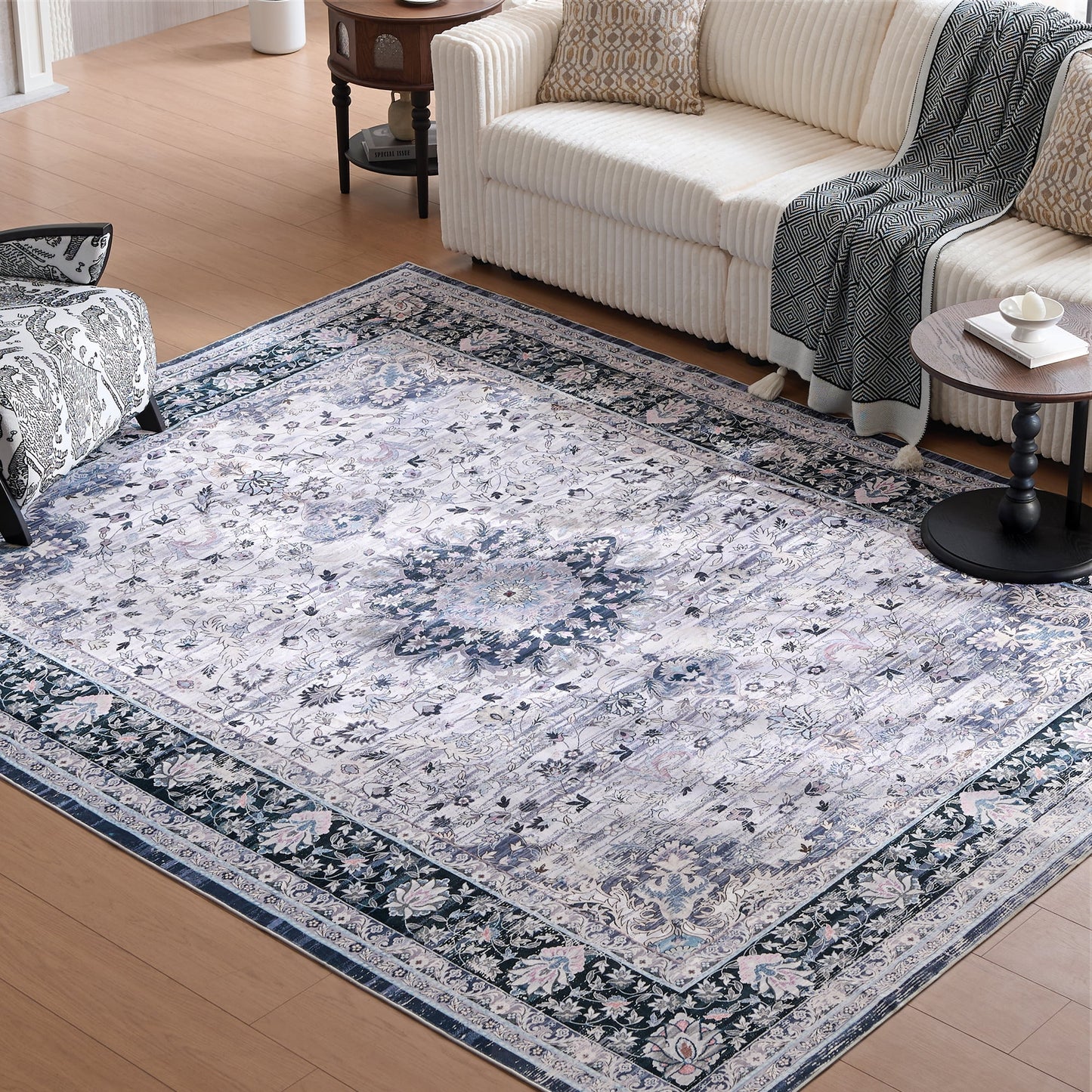 8'x10' Boho Floral Vintage Area Rug Washable & Non-Slip for Home Office Gray & White