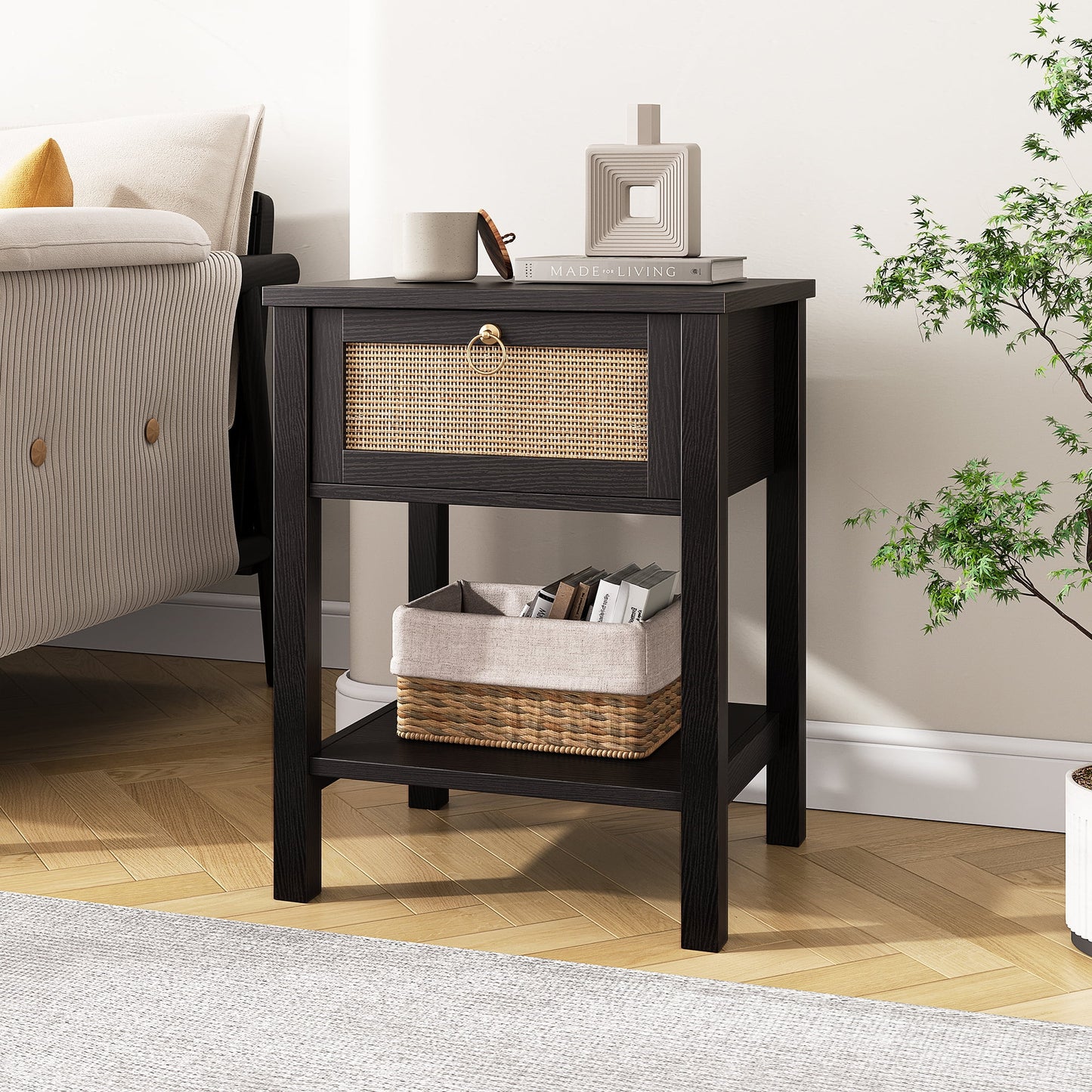 Black 2-Piece Bedside Table Set with Rattan-Decorated Drawers and Open Shelves, Suitable as Side Tables or Coffee Tables for Bedrooms and Living Rooms