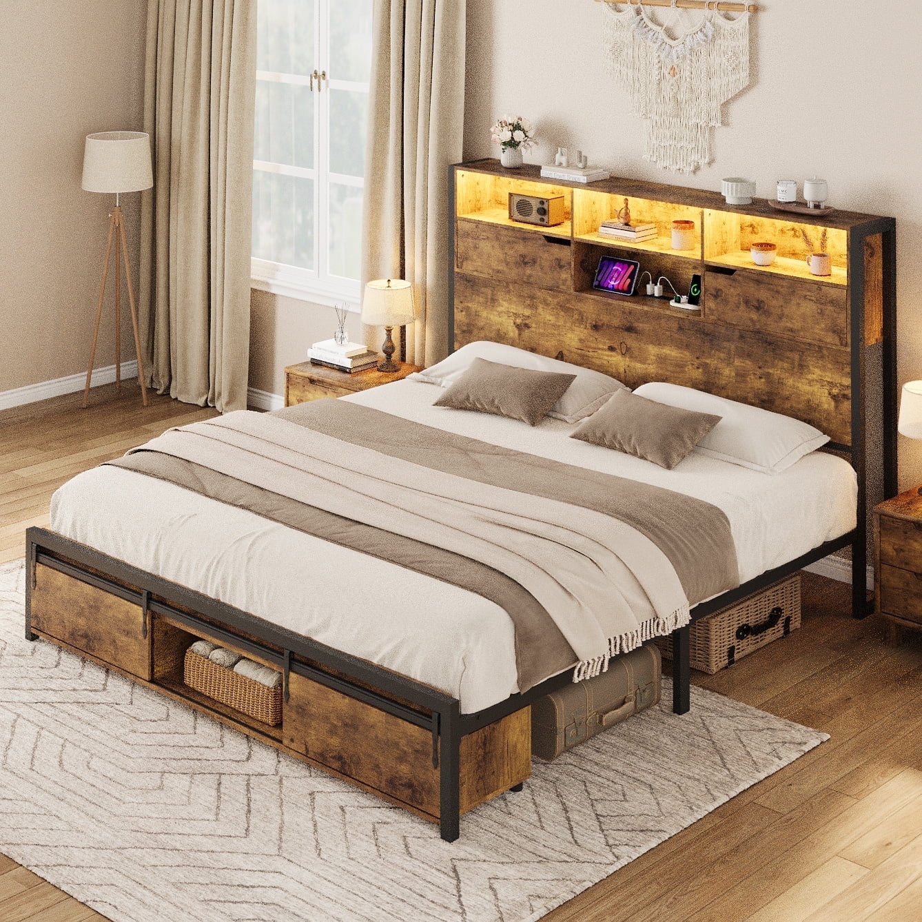 Full Size Wooden Platform Bed with Storage LED Bookcase Headboard & 3 Under Bed Drawers, Rustic Brown