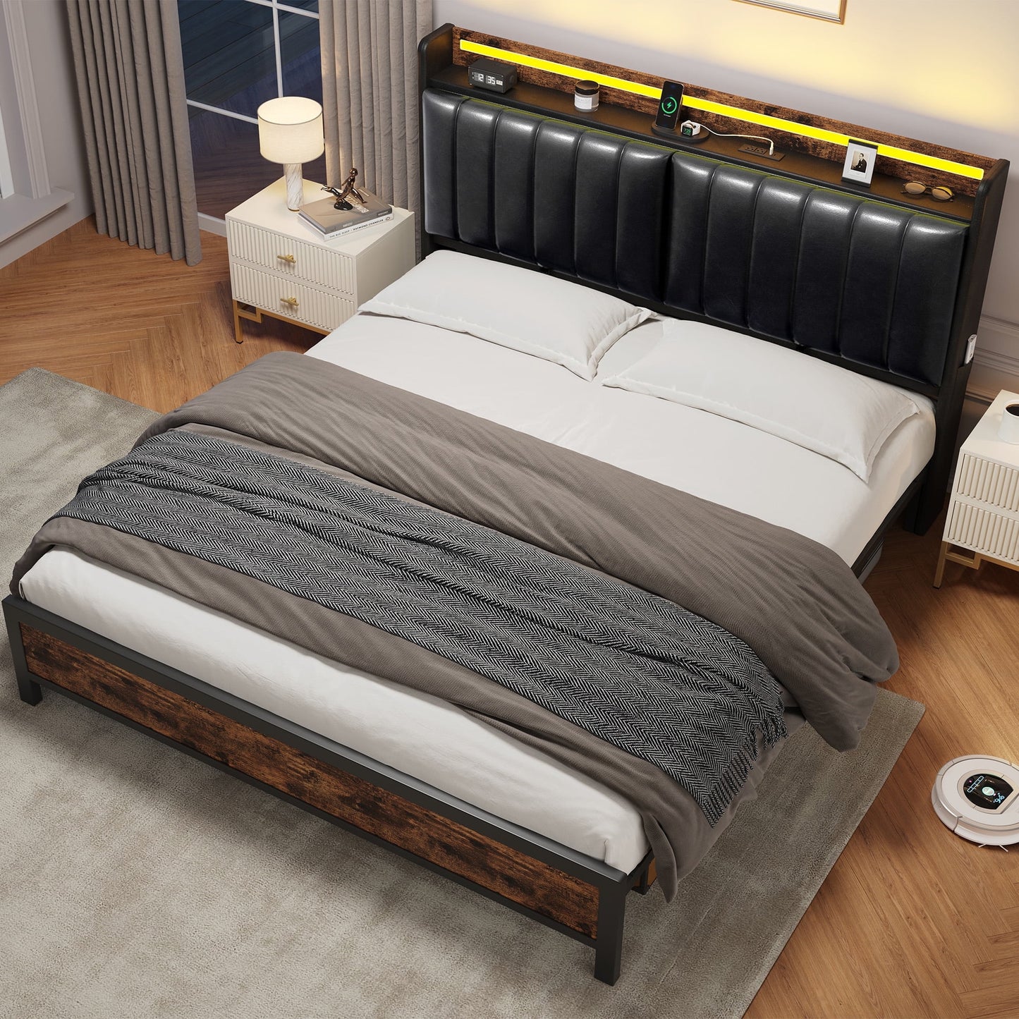 Heavy Duty Full Size Metal Bed Frame with Faux Leather Adjustable Headboard & LED Lights & Charging Station, Black