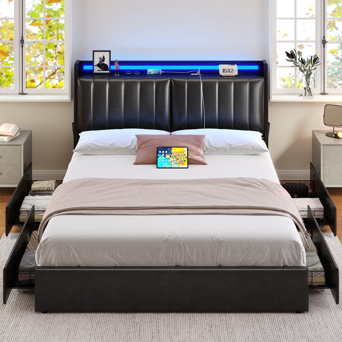 King Size Upholstered Bed Frame with 4 Storage Drawers and Ergonomic & Adjustable Storage Bookcase Headboard