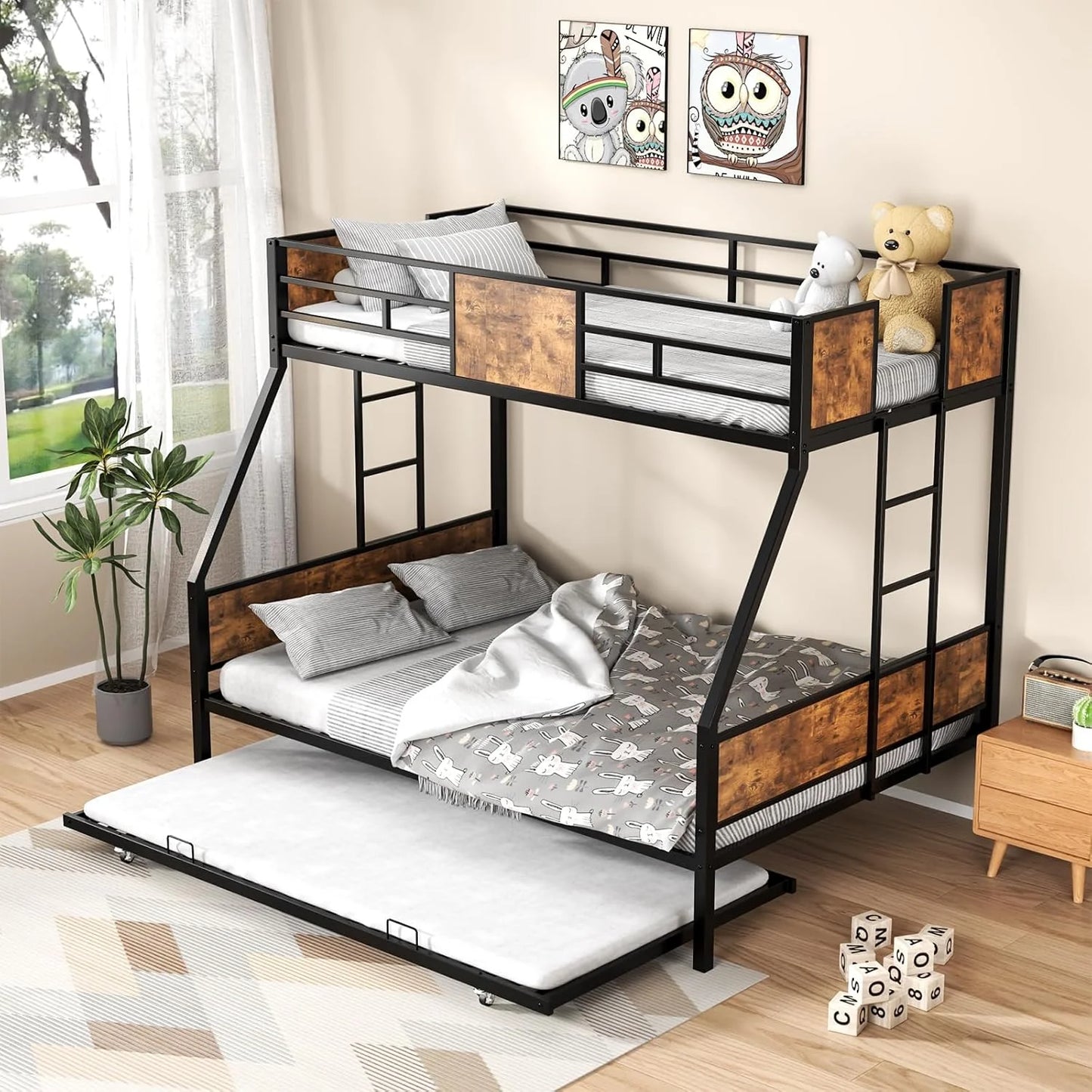 Metal Twin Over Full Convertible Bunk Bed with Safety High Guardrails , Antique Wood Grain