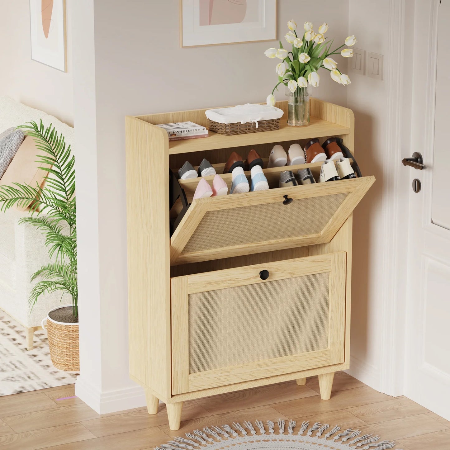 Natural Rattan Shoe Cabinets Storage with 2 Flip Drawers for Entryway Hallway,Wood