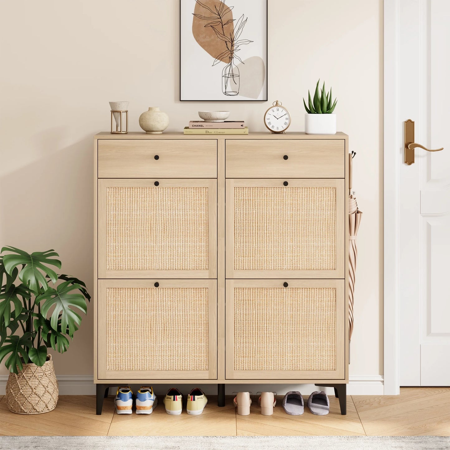 Springwood Caning Shoe Cabinets Storage with 4 Flip Drawers for Entryway Hallway,Wood