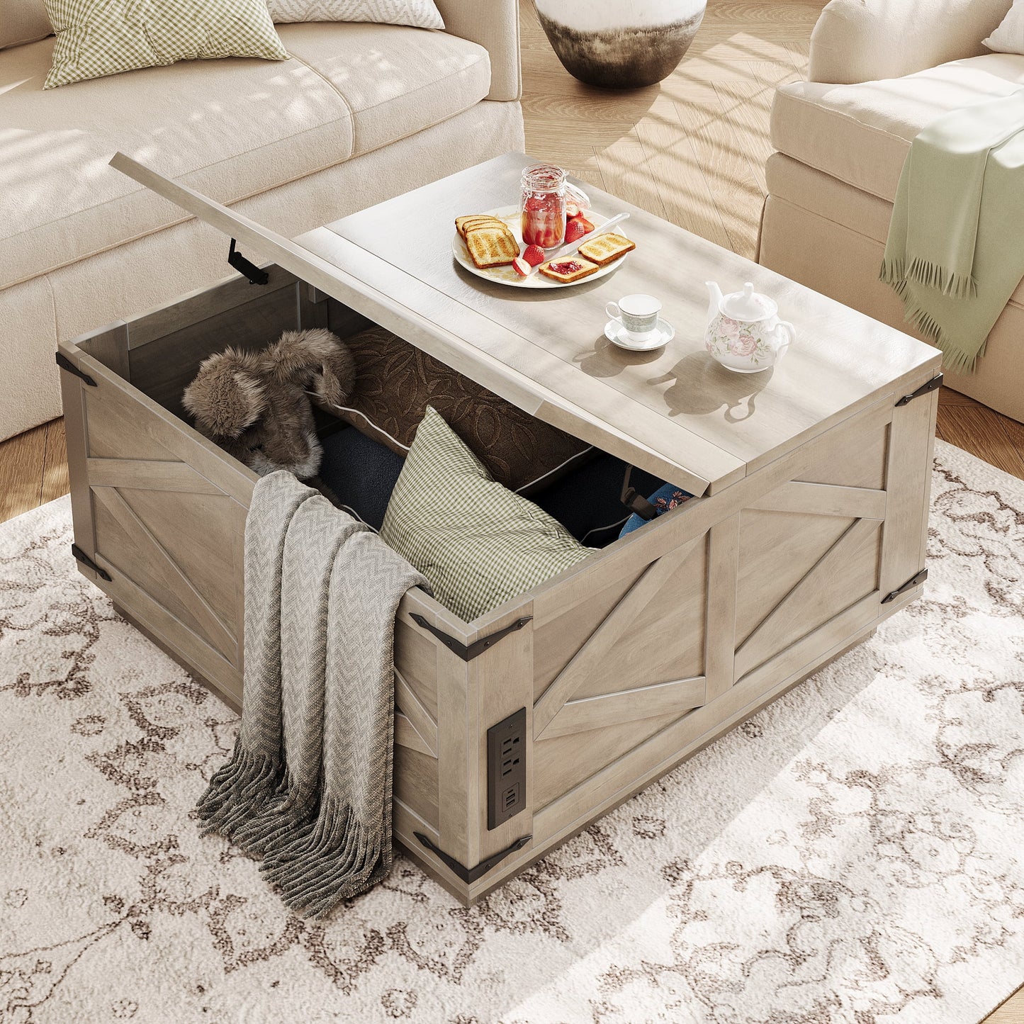 Square Rustic Wood Farmhouse Lift Top Coffee Tables with Barn Door Hidden Compartments Shelves for Living Room Storage Small Items Gray