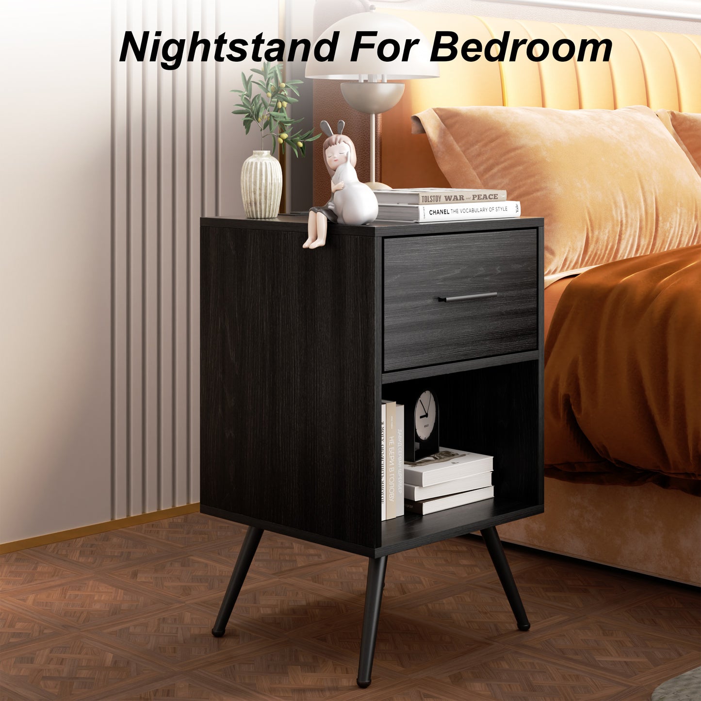 Nightstand, Black Wood Grain Nightstand For Bedroom, Nightstand with RGB light strip and socket, With one drawer and one open storage cabinet,Black