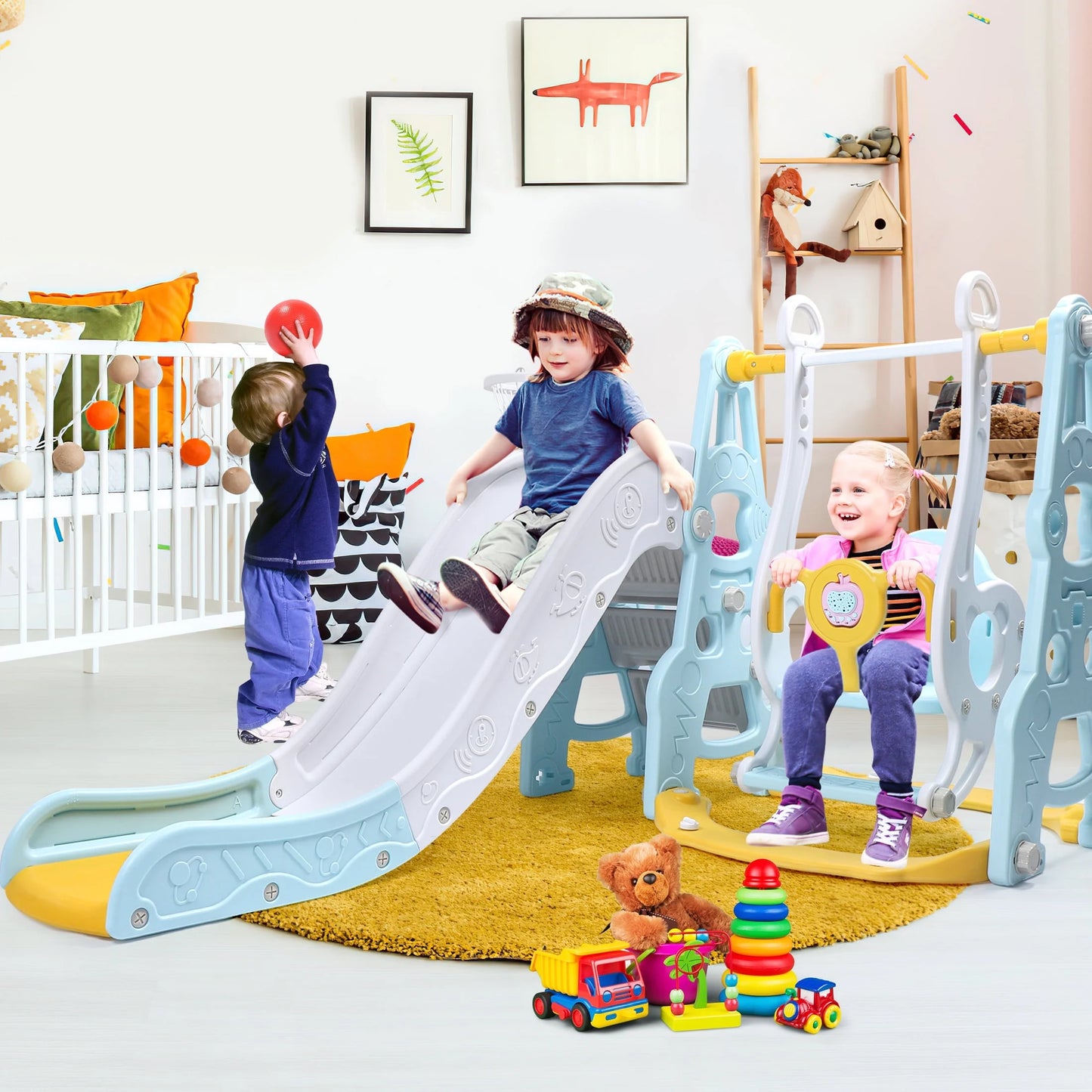 5 in 1 Indoor Climbing Slide Kids Playsets with Swing for Toddlers Aged 1-3, Blue