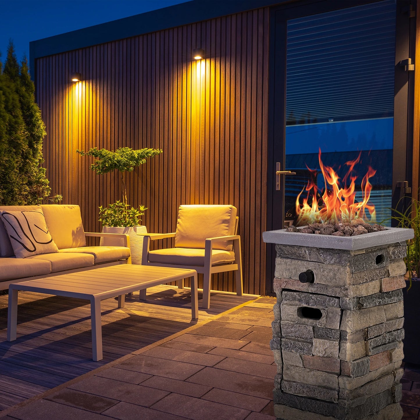 40,000 BTU Imitation Stone Concrete Propane Fire Pit for Outdoor Parties On Patio Deck Garde, 25.4"