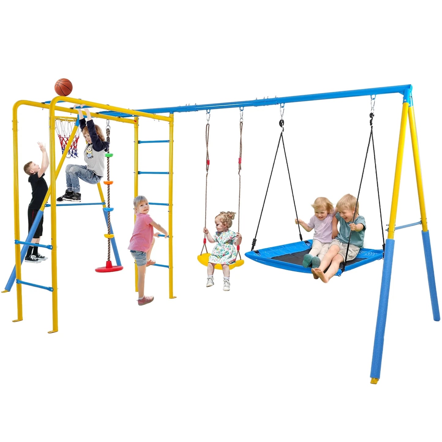 Heavy Duty Outdoor Playground Playset for Kids Aged 3-12 with 2 Swings Trapeze Bar & Basketball Hoop Climbling Ladder Net