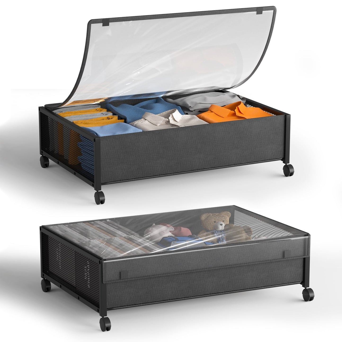 Cocosity 2 Piece Under Bed Storage with Wheels, Rolling Metal Organizer Drawer for Under The Bed Storage