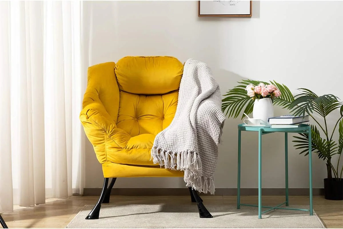 Modern Nano technology cloth Lazy Chair - Soft Accent Contemporary Lounge Chair - Single Steel Frame Sofa Chair with Armrests, Thick Padded Back for Living Room, Bedroom, Office (Yellow)