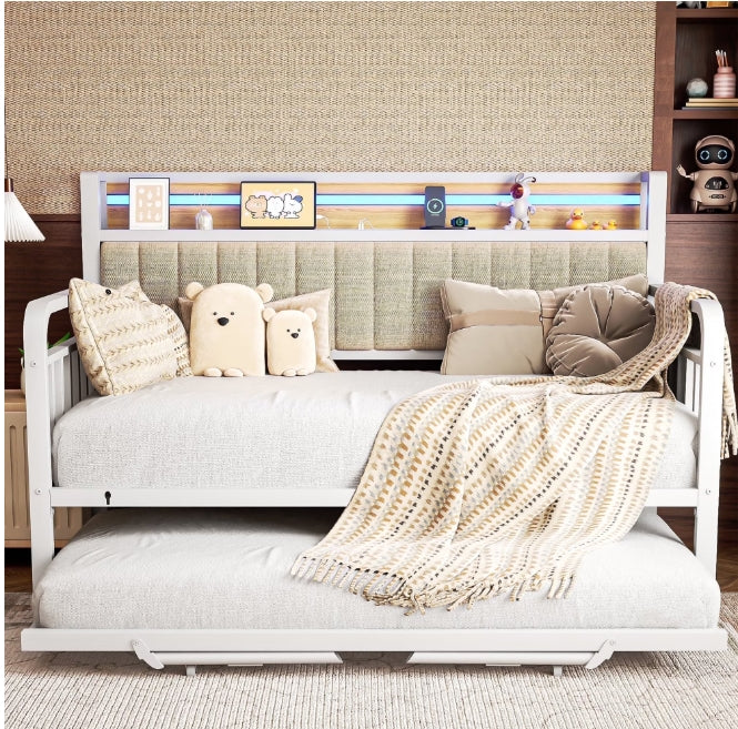 Cocosity White Modern Sturdy Metal Twin Daybed Frame with Trundle & Upholstered Headboard for Living Room & Bedroom, Natural Wood