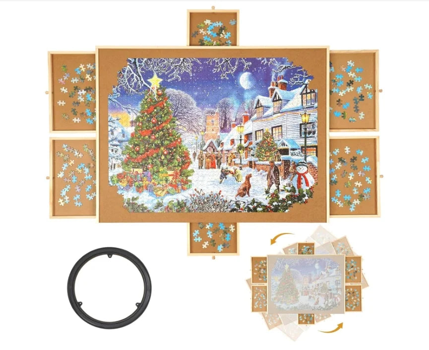 Rotating Puzzle Board With Drawer Cover, 34x26 Inch Portable Wooden Puzzle Table