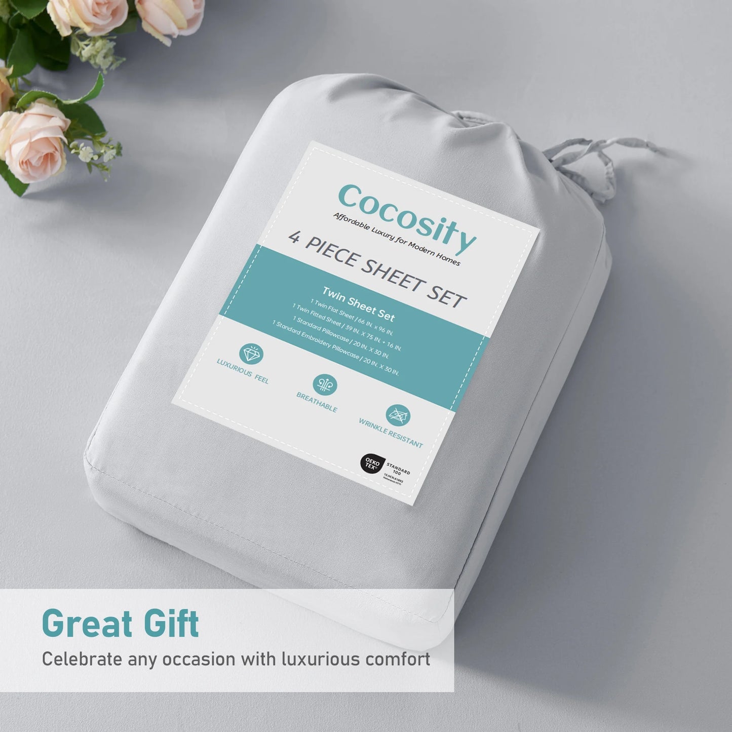 Polyester Microfiber 4 Piece Bed Sheets Set for Hotel Home Apartment School Bedding, Light Gray Twin Size Bedding