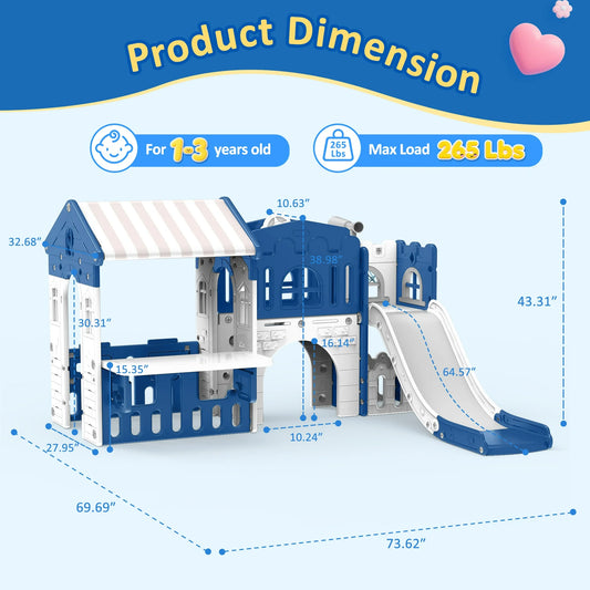 9 in 1 Indoor Infant Toddler Playground Slides Playset for Backyard Home, Blue & Gray