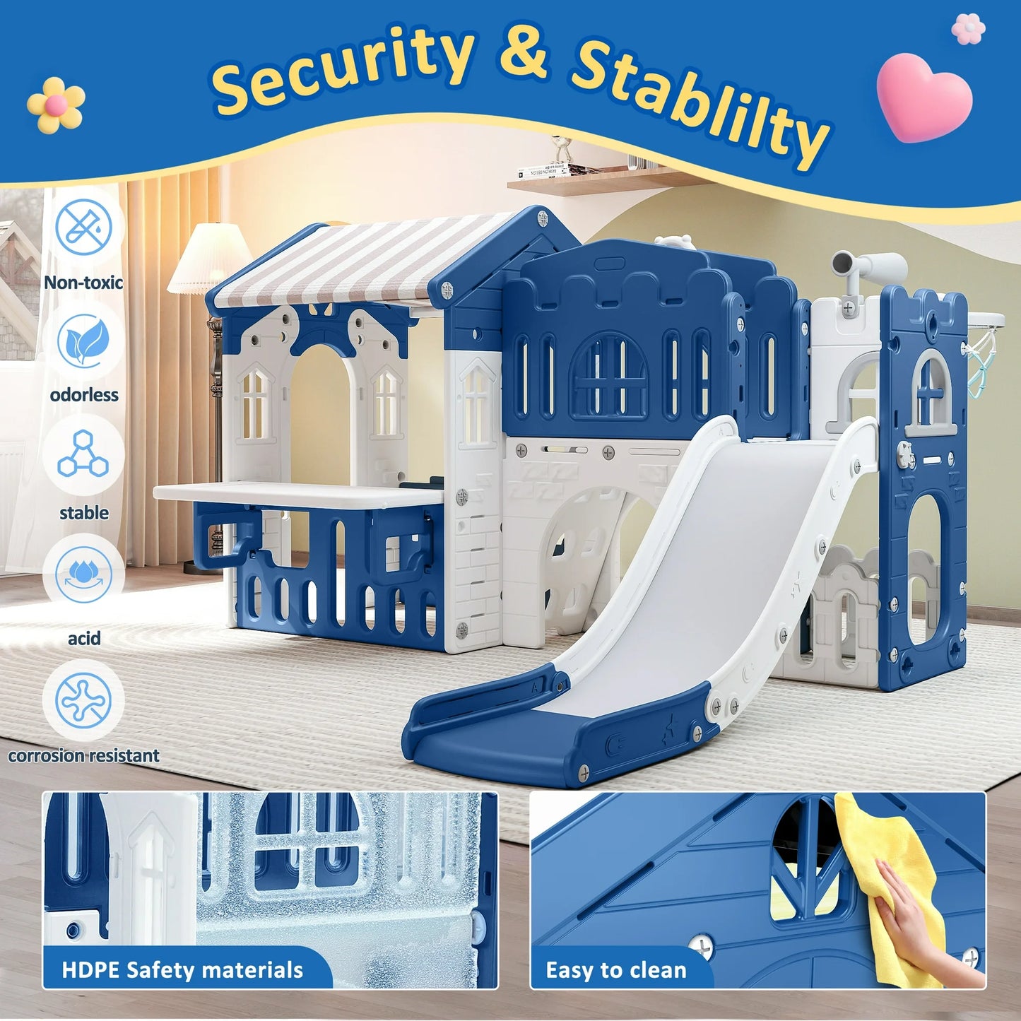 9 in 1 Indoor Infant Toddler Playground Slides Playset for Backyard Home, Blue & Gray